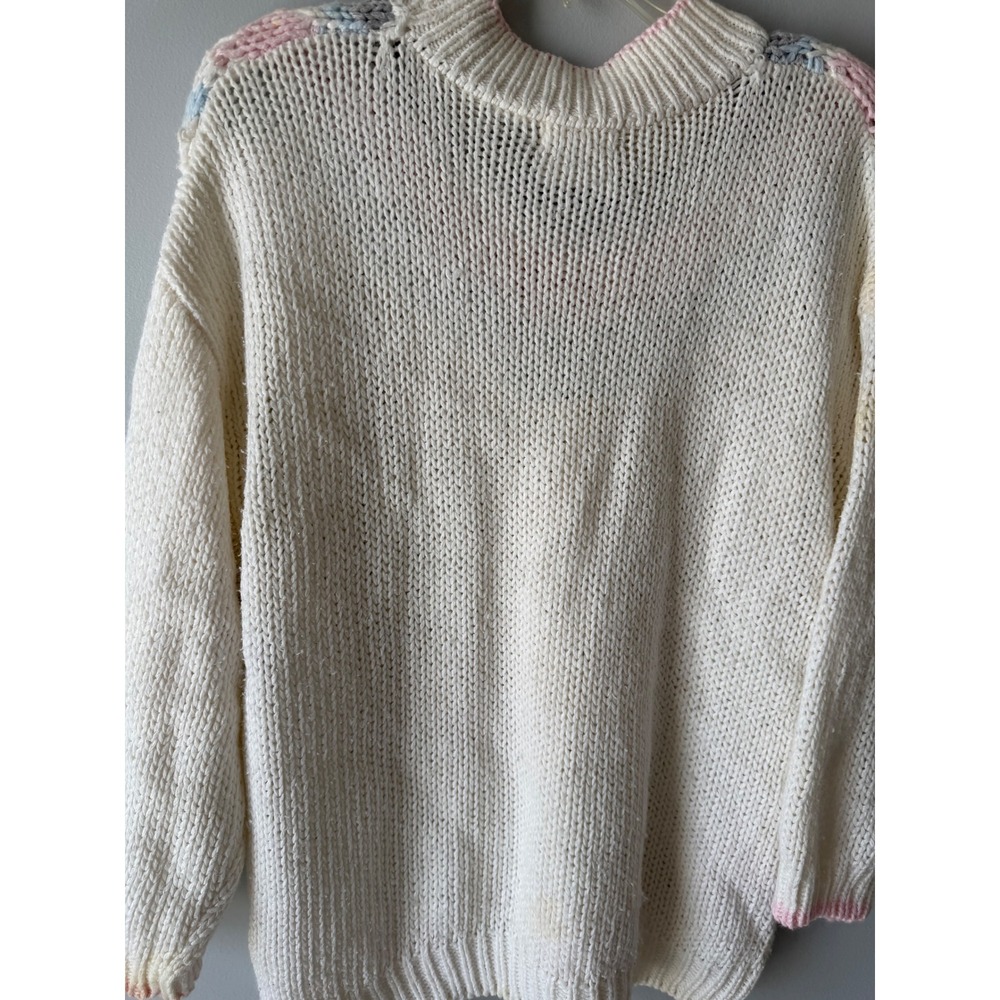 Exclusive Imports Vintage Hand Knit Cable Sweater Pastel Pink Blue White Large - Picture 7 of 9